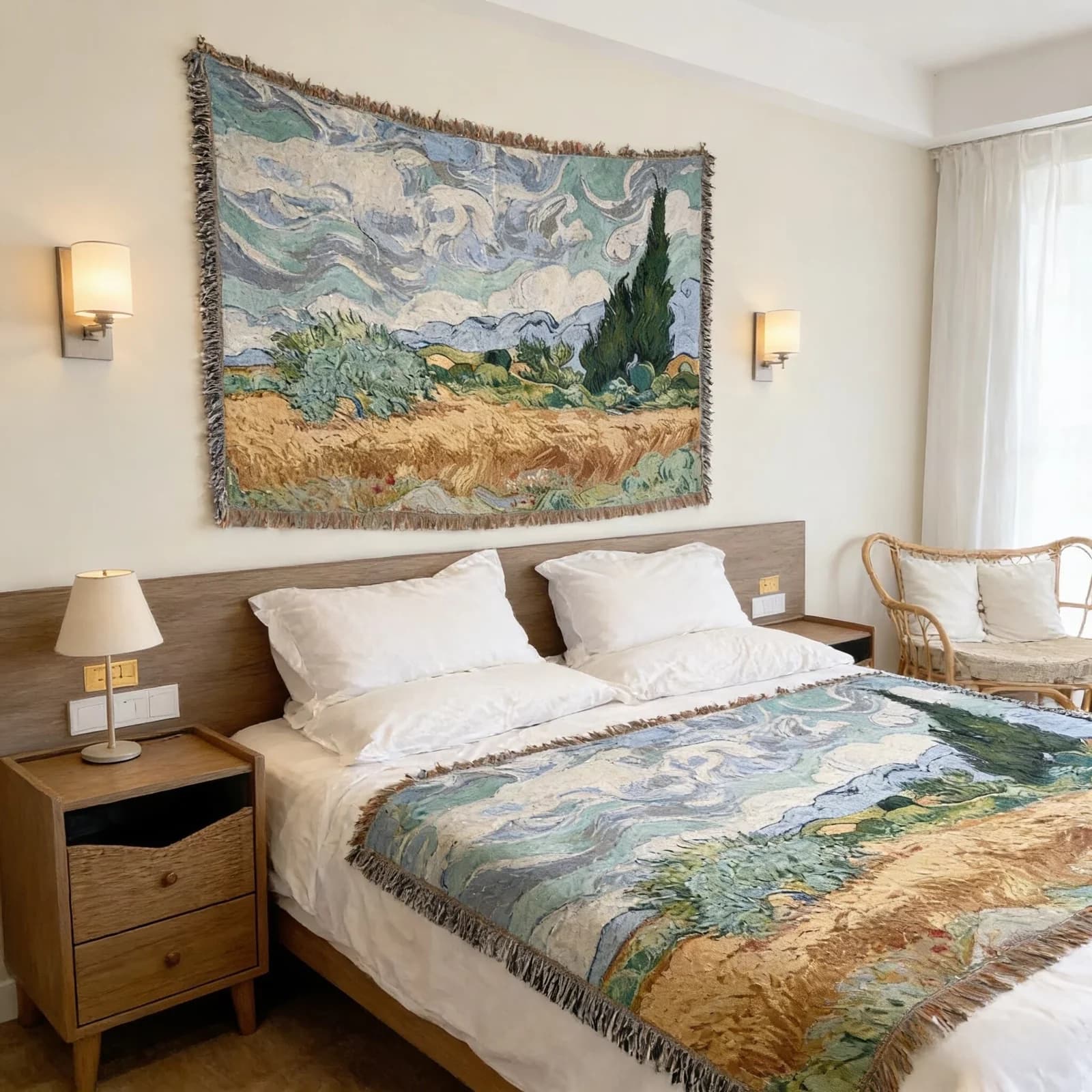 Tkaná tapiseria v štýle Van Gogha, deka na gauč alebo dekoráciu na stenu