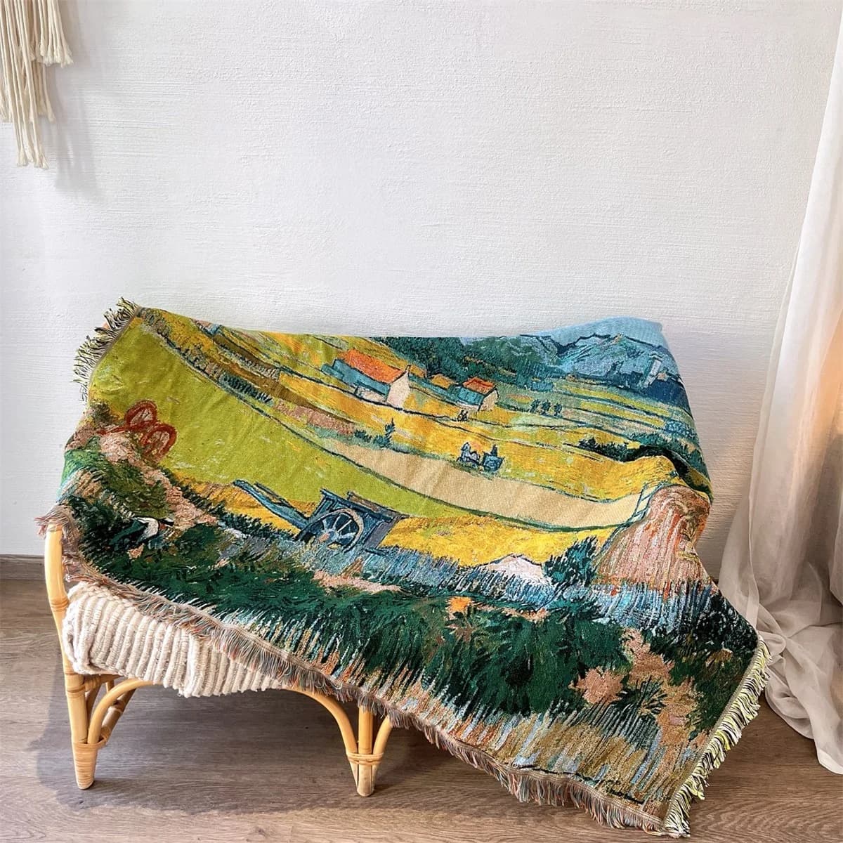 Pletený prehoz s motívom Van Gogh na dekoráciu pohovky