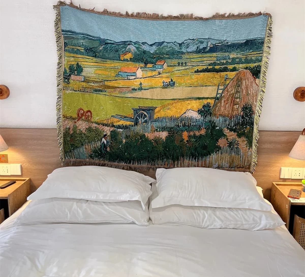 Pletený prehoz s motívom Van Gogh na dekoráciu pohovky