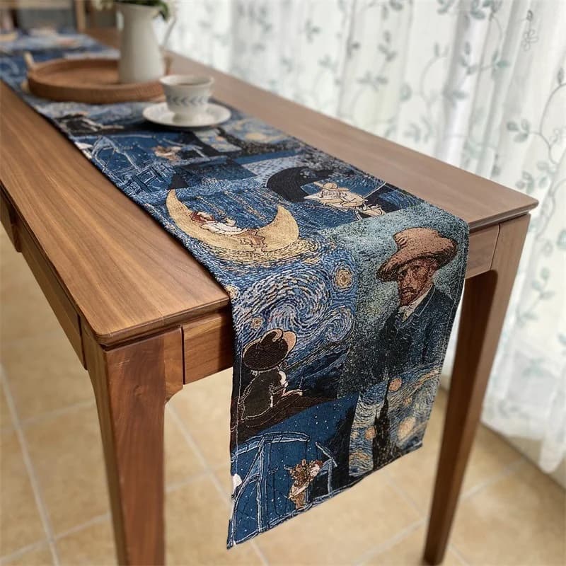 Bežecká páska na stôl v štýle Van Gogha z bavlny a ľanu